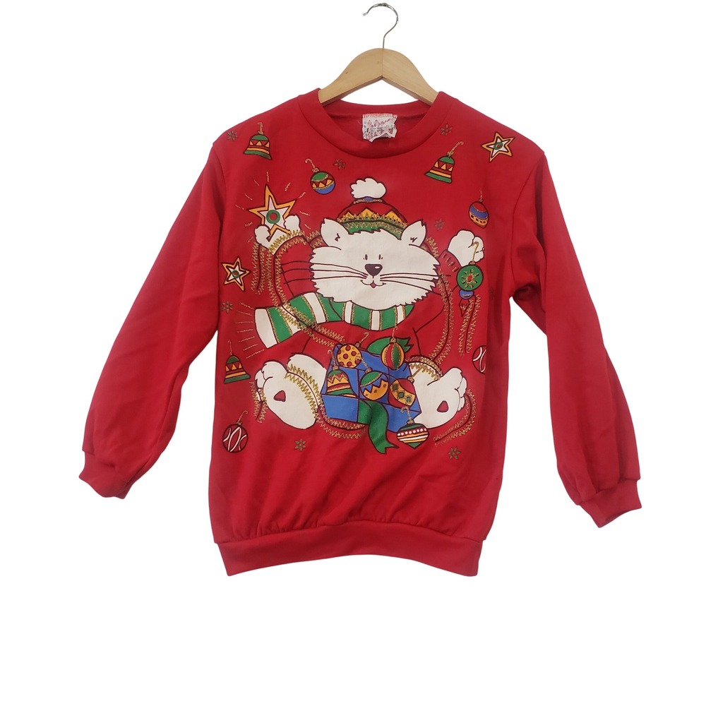 Vintage 90s Christmas Sweatshirt L 14 Red Cat Graphic Kids Holiday Novelty Retro